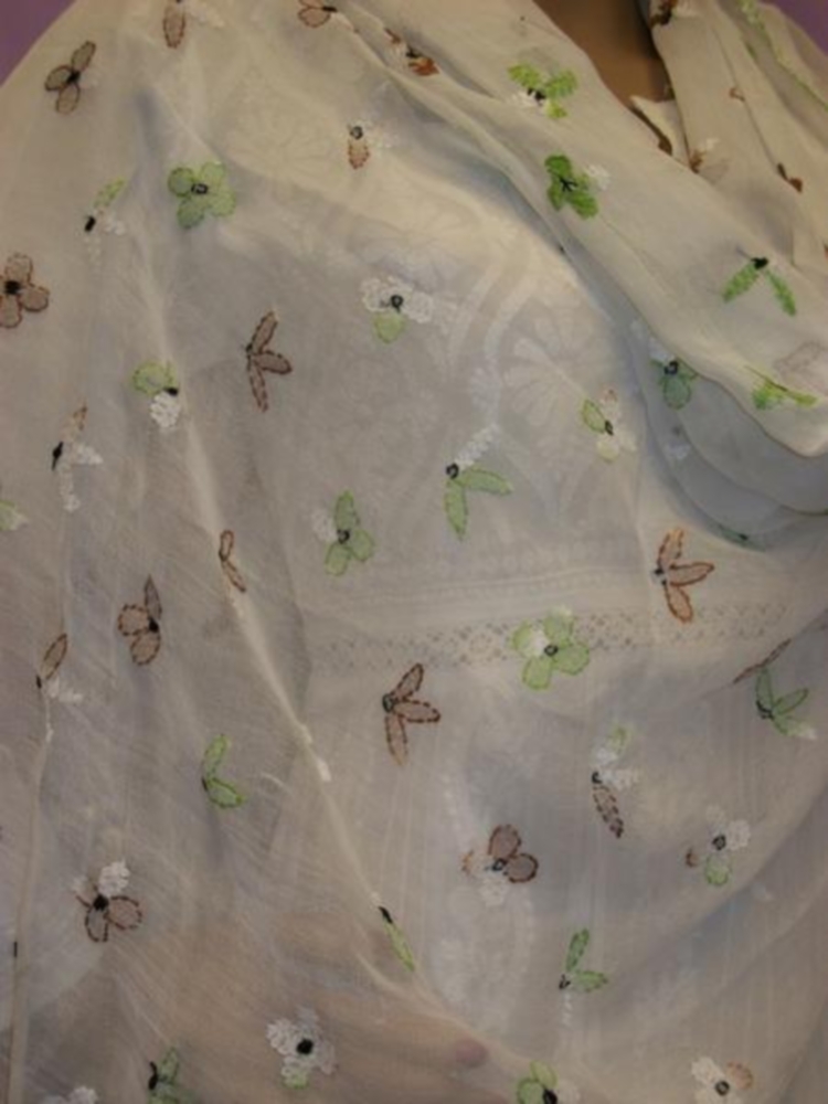 Phulkari White Georgette, Brown and Green Phulkari Dupatta Chunni #1020