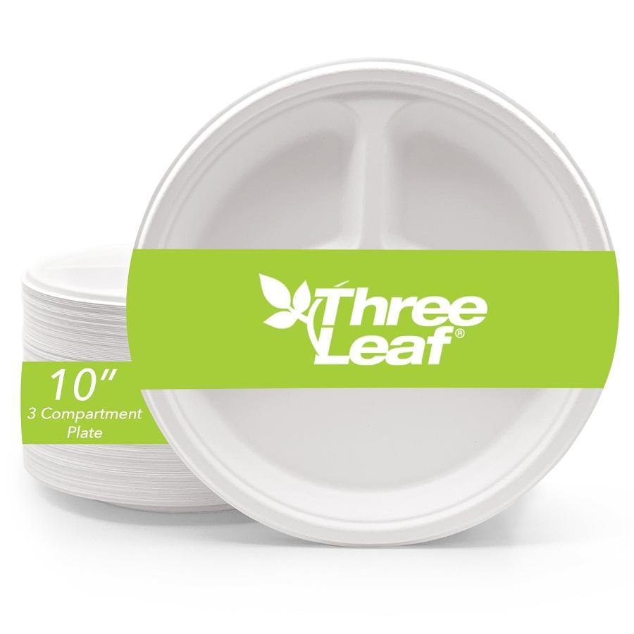 Three Leaf 10" 3 Compartment Bagasse Round Plate, 500 Ct. (4 Packs Of 125)
