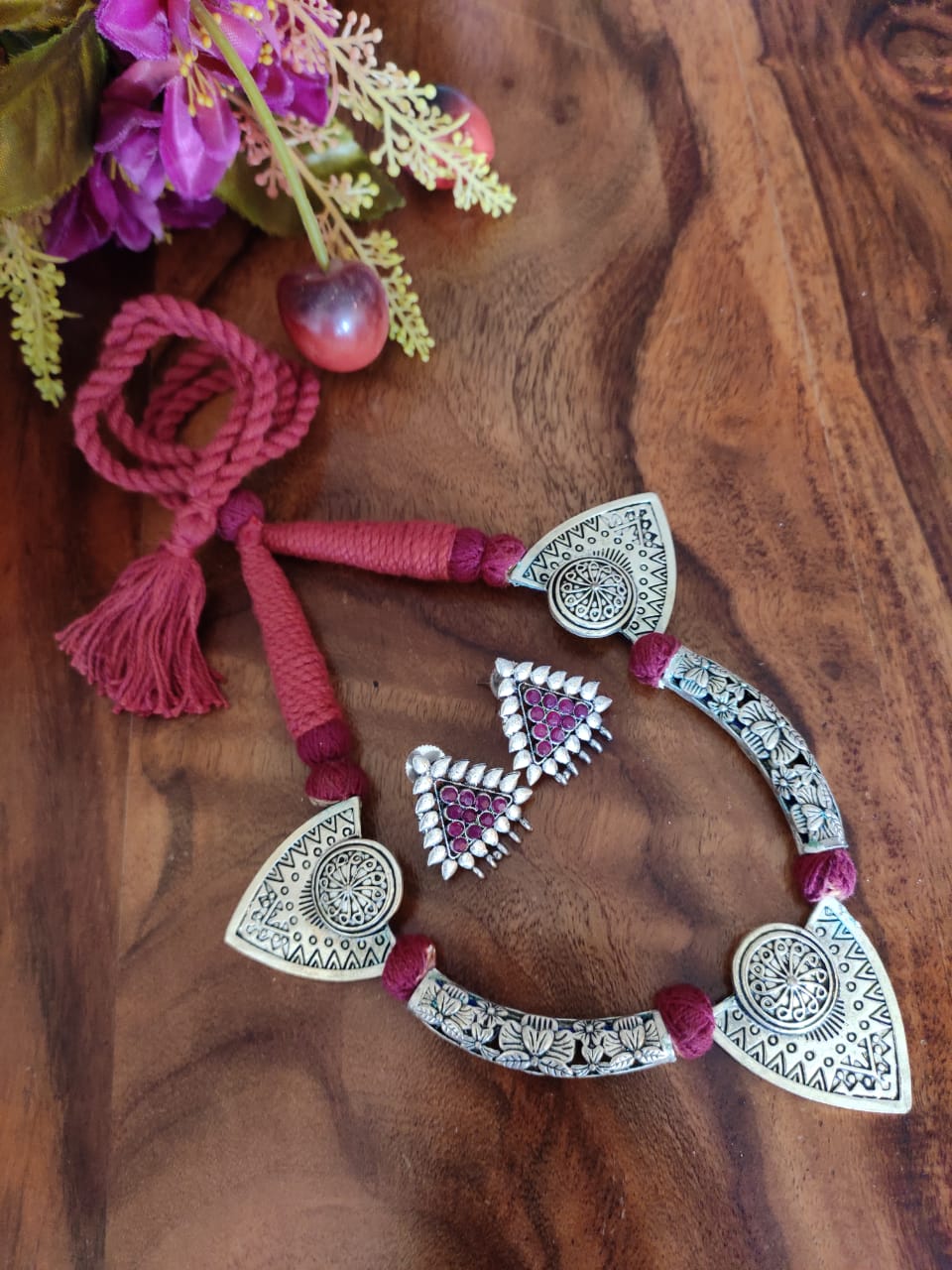 Traditional Antique Oxidized Pendant in Maroon Thread Necklace w/ Earrings