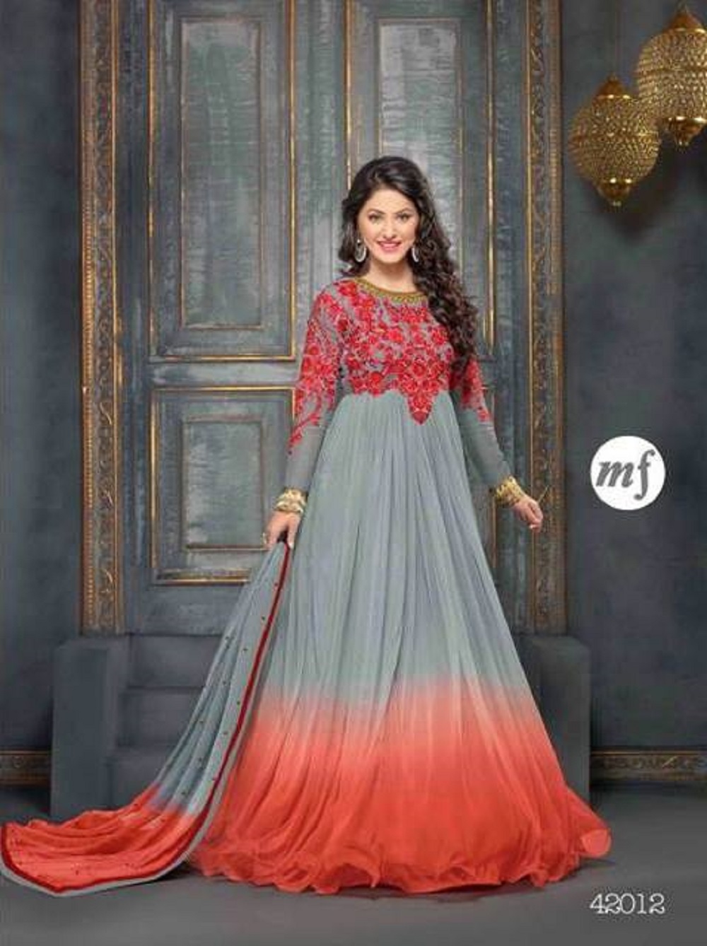 Gray & Orange Combination Long Anarkali Dress (Unstitched