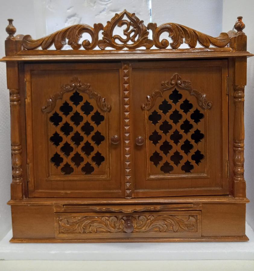 Beautifully Carved Wooden Mandir W/Jali Doors - 28" Wide