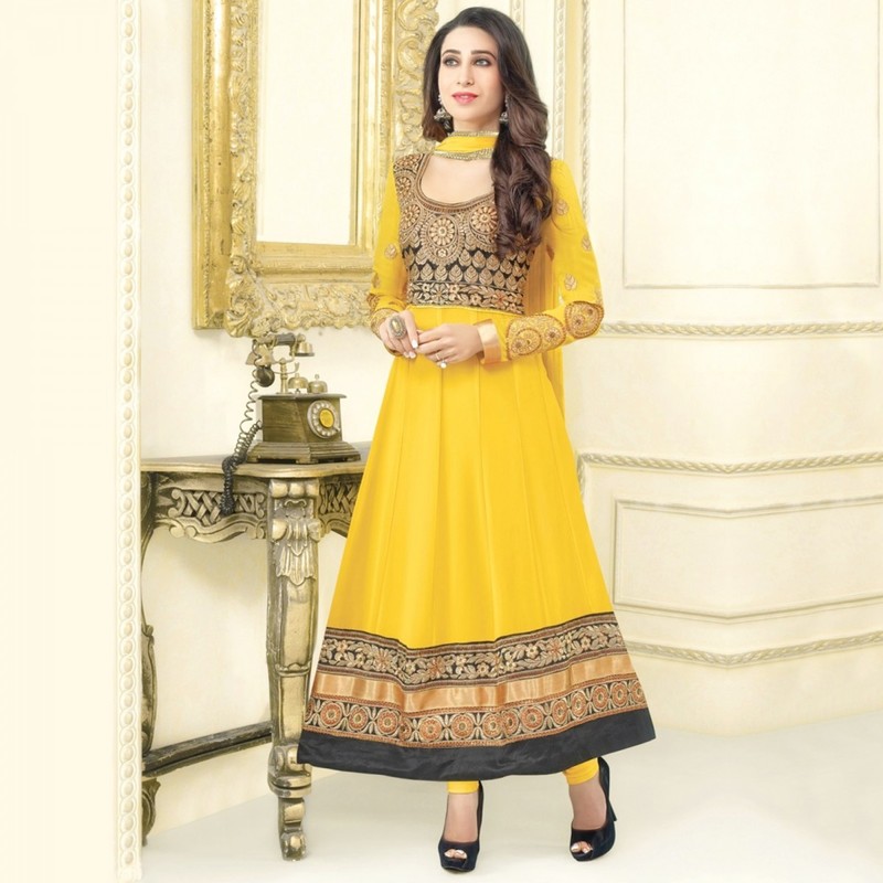 Yellow Embroidered Designer Anarkali Suit (Unstitched)