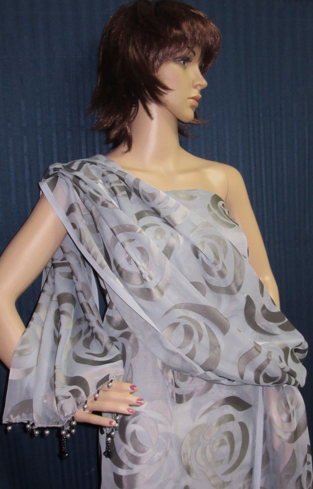 Gray Satin Chiffon Dupatta Chunni Stole \w Hanging Beads Gray Satin Chiffon Dupatta Chunni Stole \w Hanging Beads