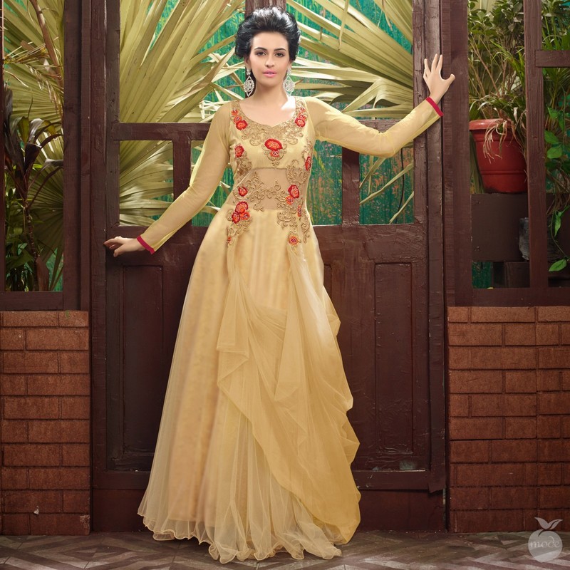 Beige Flared Bollywood Designer Anarkali Salwar Kameez (Unstitched)