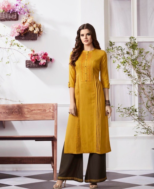 Mustard Yellow embroidered Kurti w 