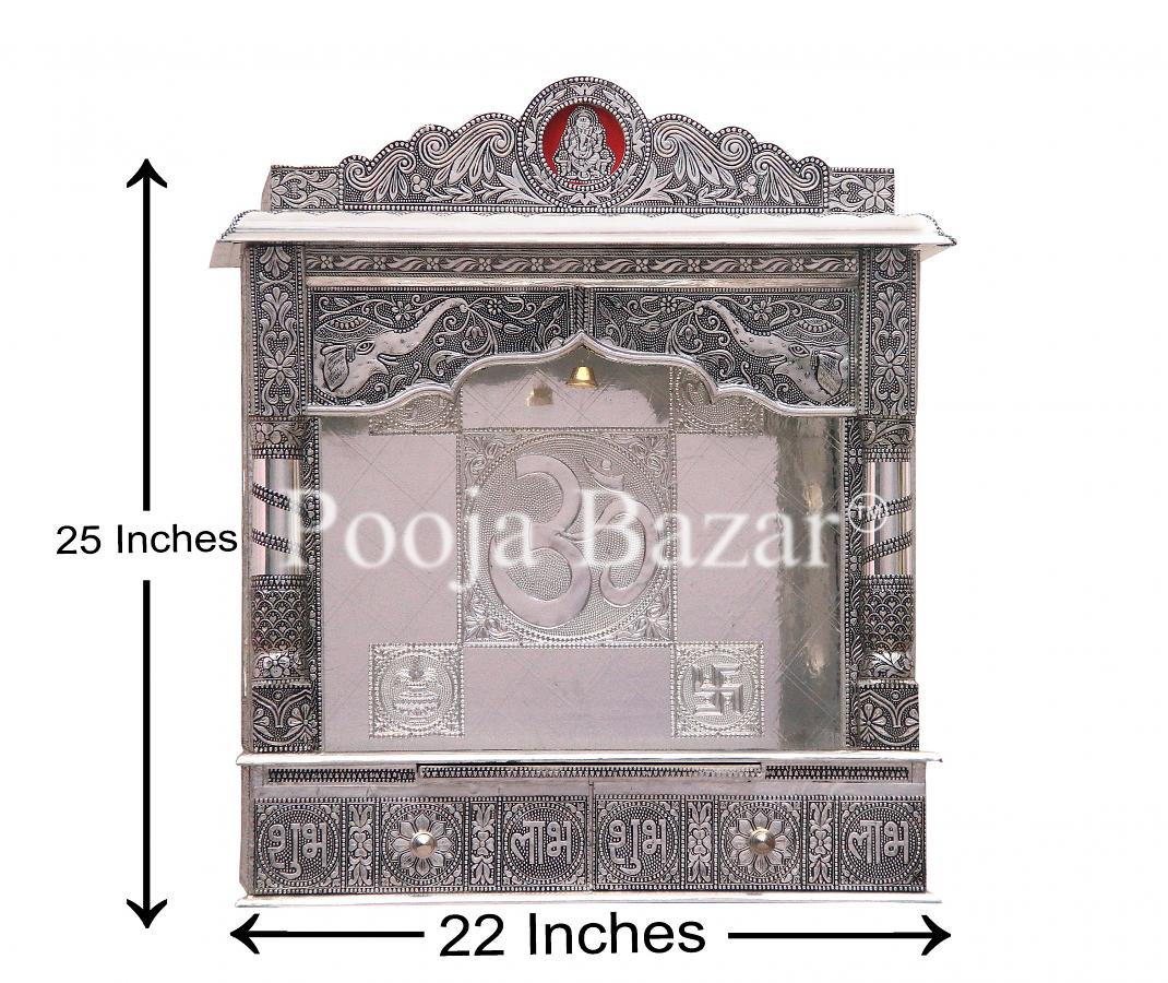 Home Pooja Wooden Mandir with White Oxidized Plated Puja Temple 22" Home Pooja Wooden Mandir with White Oxidized Plated Puja Temple 22"