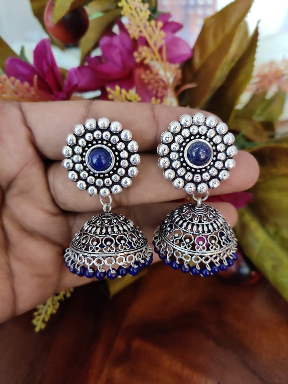 Traditional Design Oxidized Carving Jhumka Earrings w/ Blue Stone