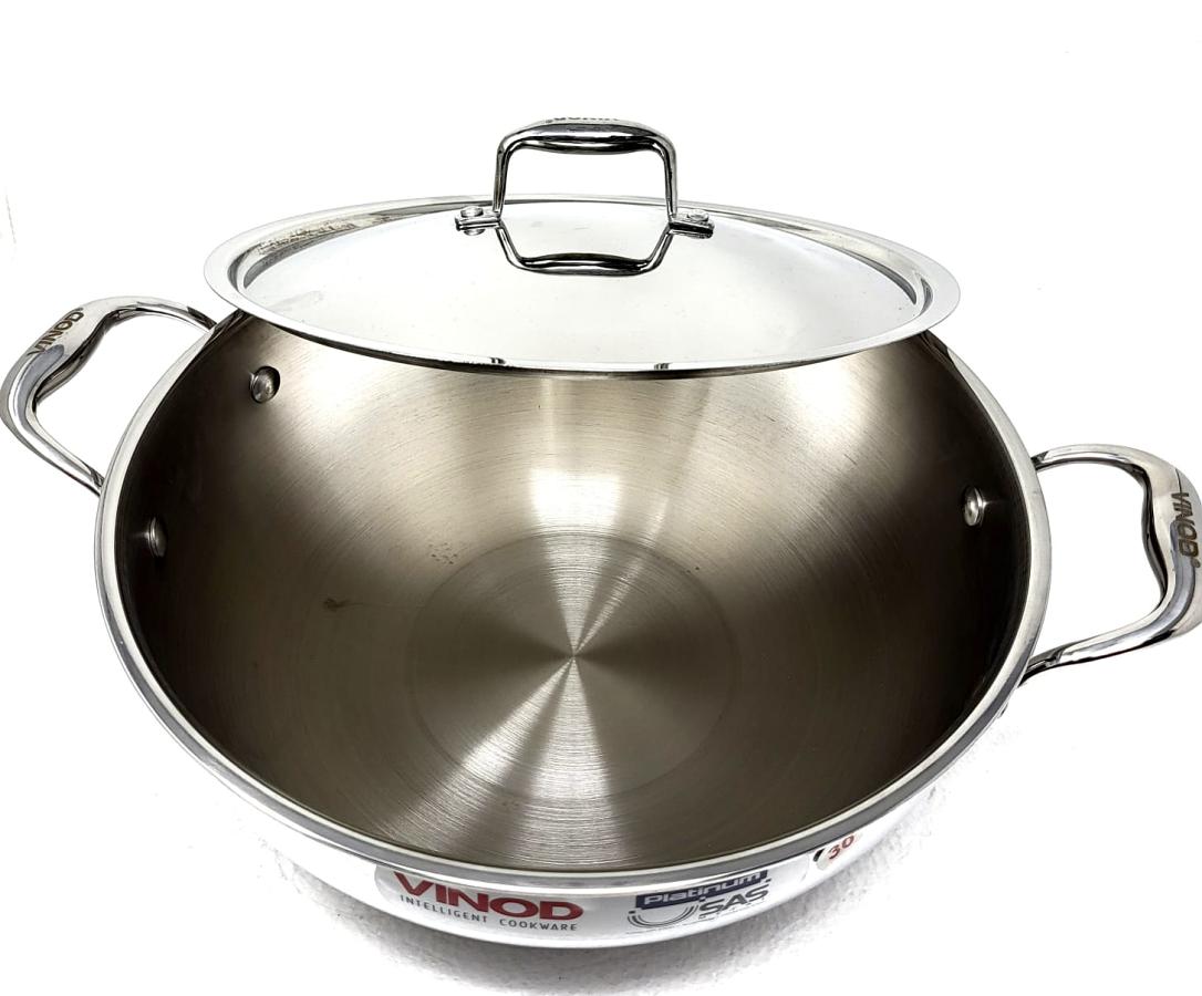 Vinod Platinum Triply Stainless Steel Extra Deep Kadai w Lid -30cm 5.5Ltrs