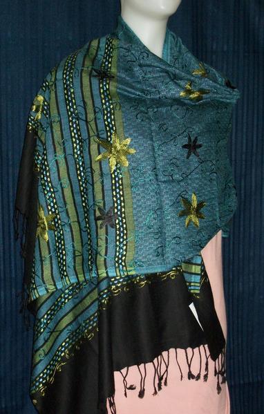 Blue Green Black Floral Embroidery Cashmere Winter Wear Shawl Wrap