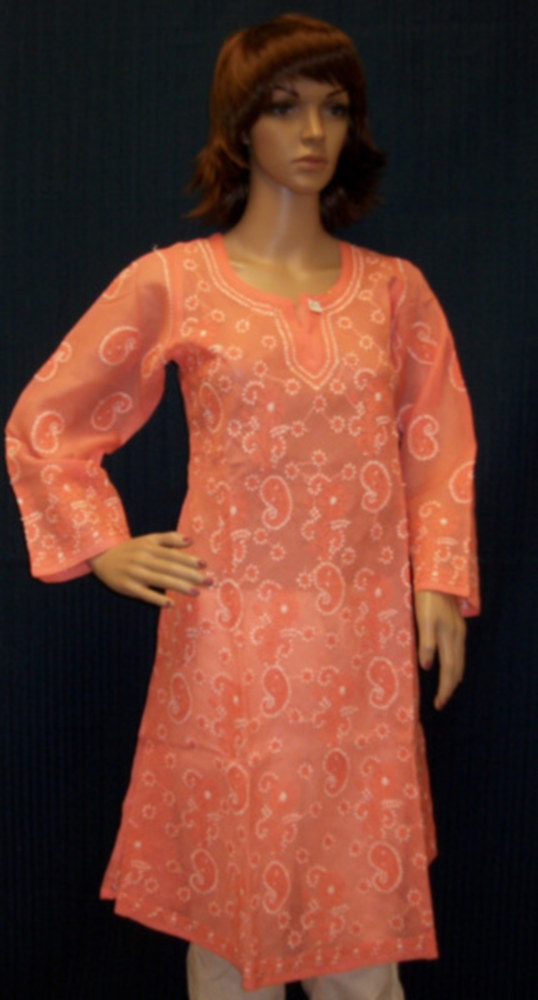 Hand Embroidered Peach Cotton Flared Kalidar Tunic Kurti (S) Hand Embroidered Peach Cotton Flared Kalidar Tunic Kurti (S)