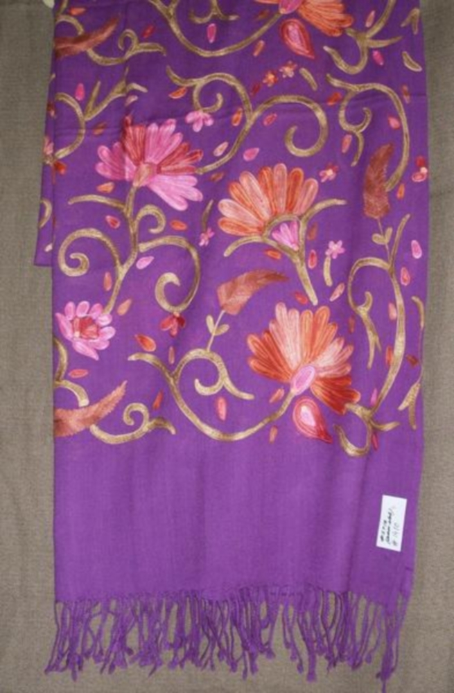 Purple Embroidered Wool Blend Shawl Stole