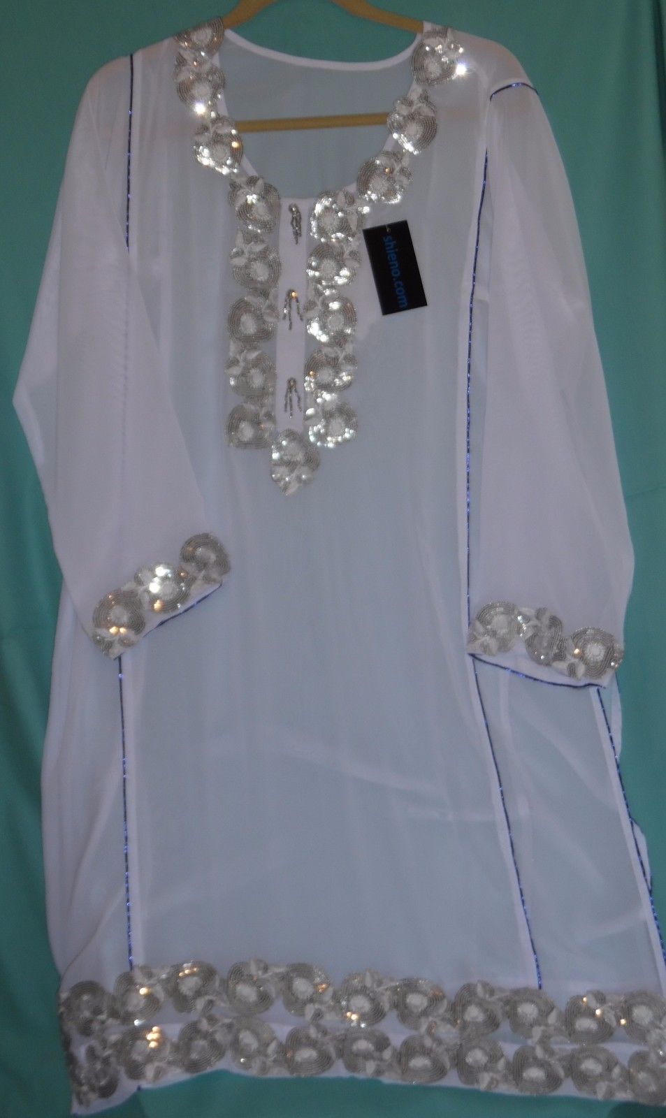 Salwar Kameez Dupatta in White Blue Silk Chiffon (L)