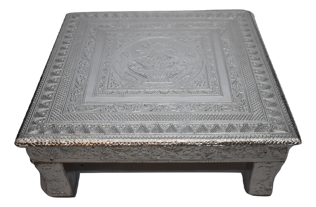Puja Bajot Wooden Small Chowki Table Silver Kalash Chaurang - 18" Puja Bajot Wooden Small Chowki Table Silver Kalash Chaurang - 18"