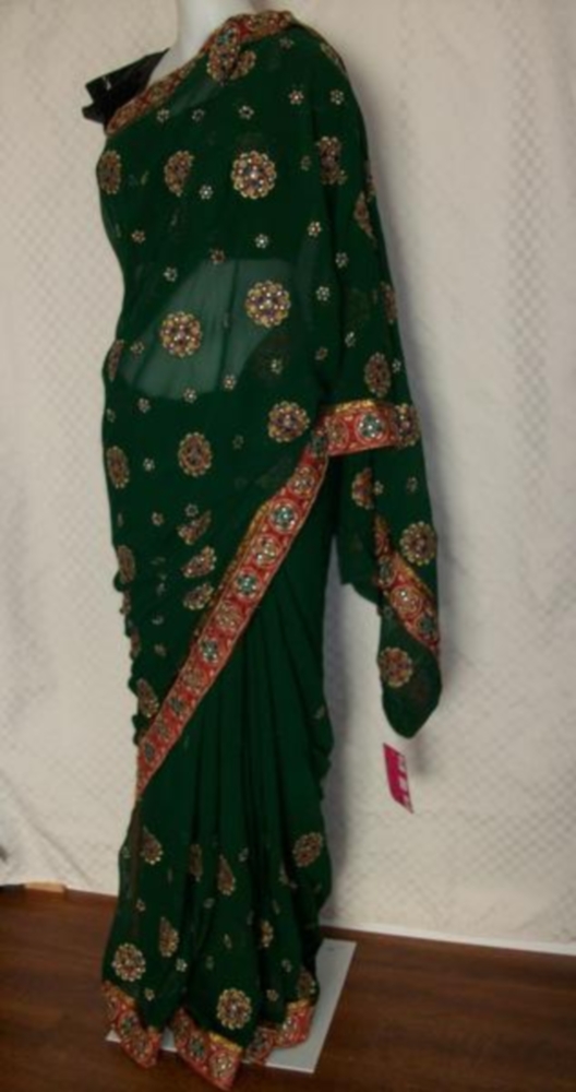 Green Chiffon Party Wear Saree w/ Embroidered Pallu
