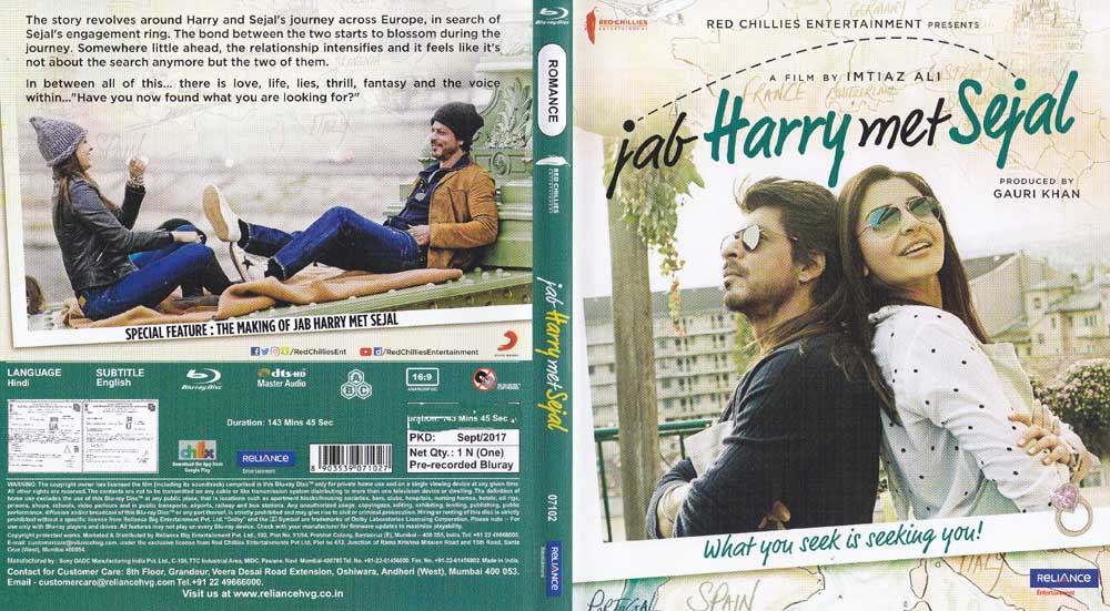 Jab Harry Met Sejal Hindi Blu Ray 2017 - Anushka Sharma, Sharukh Khan