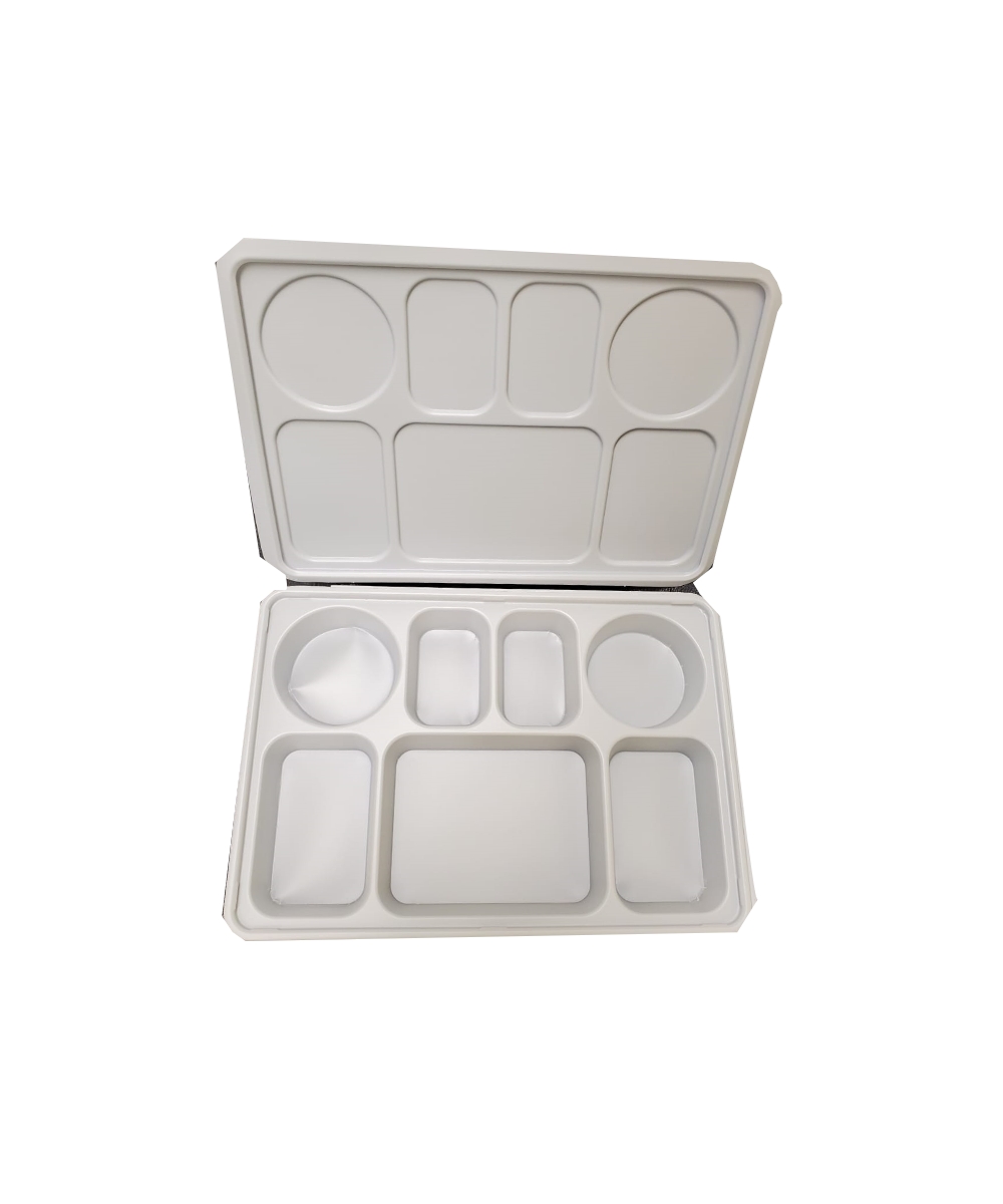 7 Compartment White Disposable Plastic Thali Plates with Lid - 100pcs 7 Compartment White Disposable Plastic Thali Plates with Lid - 100pcs
