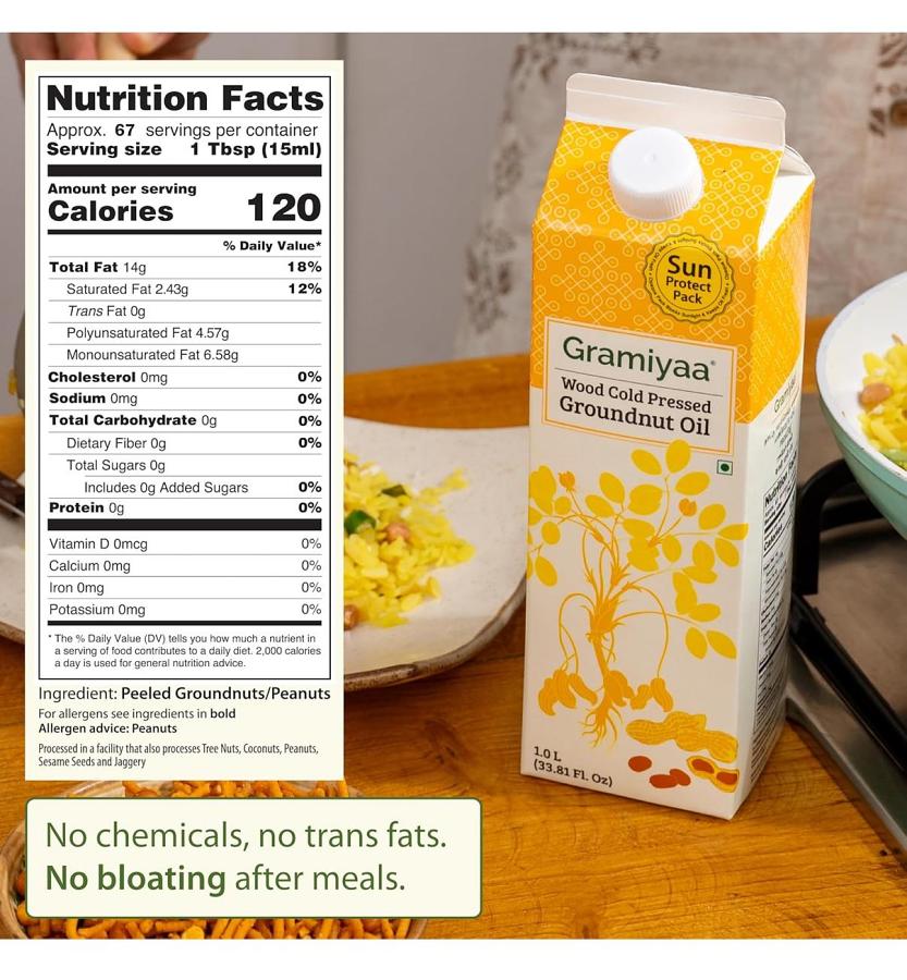 Gramiyaa Wood Cold Pressed Groundnut Oil - 1L | 100% Natural Cold-Pressed Peanut Oil | Nutty Aroma | Sun-Protect Pack | Zero Trans Fats