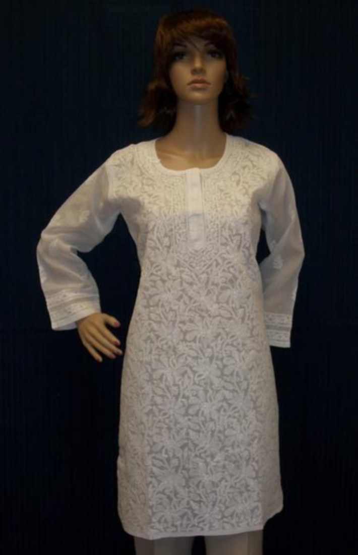 Kurti 1674 White Cotton Argandi Kurti Tunic Shirt w/ Embroidery M/L Kurti 1674 White Cotton Argandi Kurti Tunic Shirt w/ Embroidery M/L