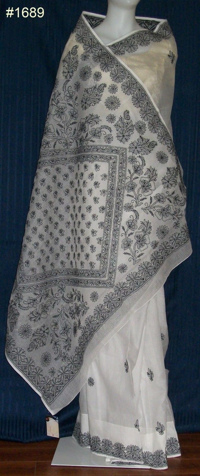 Classic White Black Cotton Lucknavi Sari w/ Handwork