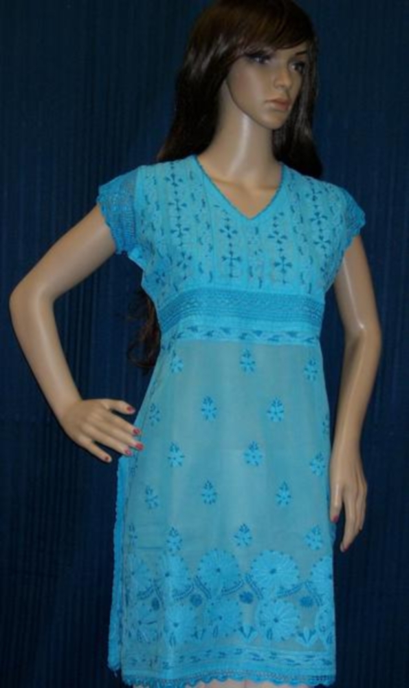Blouse 017 Cotton Firozi Crochet Hand Embroidered Medium Size Kurti Shieno