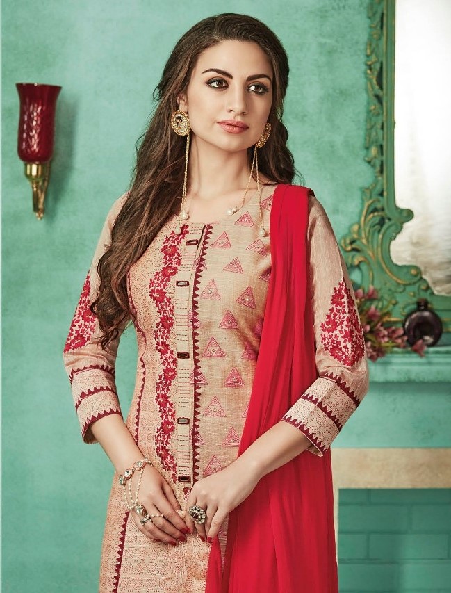Plus Size Tan & Red Silk Embroidered Churidar Salwar Kameez - 2XL ...