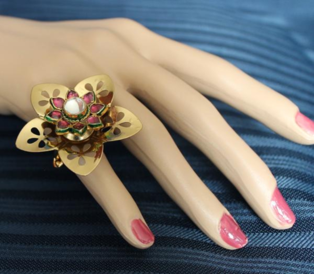 Large Flower Polki Finger Ring w/ Golden Green Meenakari Brown Crystals