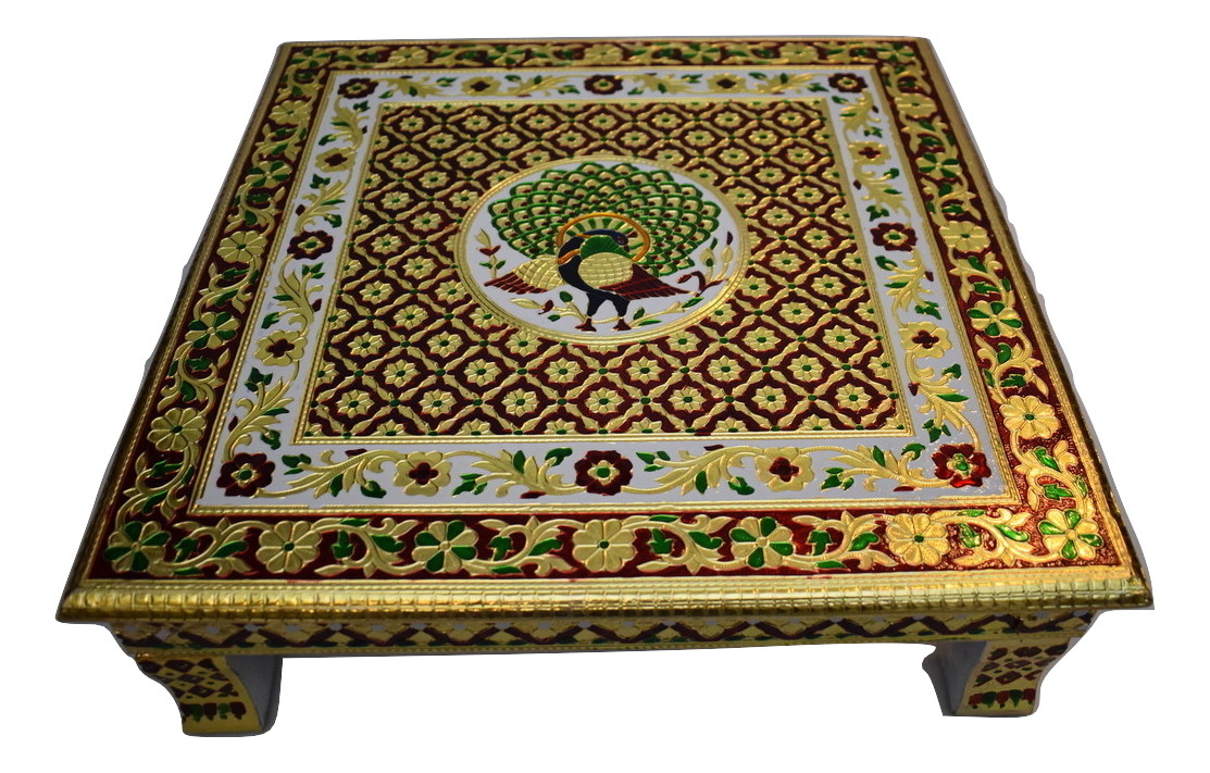 Puja Bajot Wooden Small Chowki Table Meenakari Peacock Chaurang - 18" Puja Bajot Wooden Small Chowki Table Meenakari Peacock Chaurang - 18"