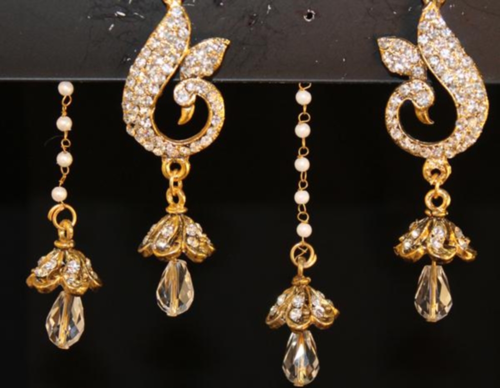 Golden Zircons Jhumki Saharey Latkan Hanging Earrings Set Golden Zircons Jhumki Saharey Latkan Hanging Earrings Set