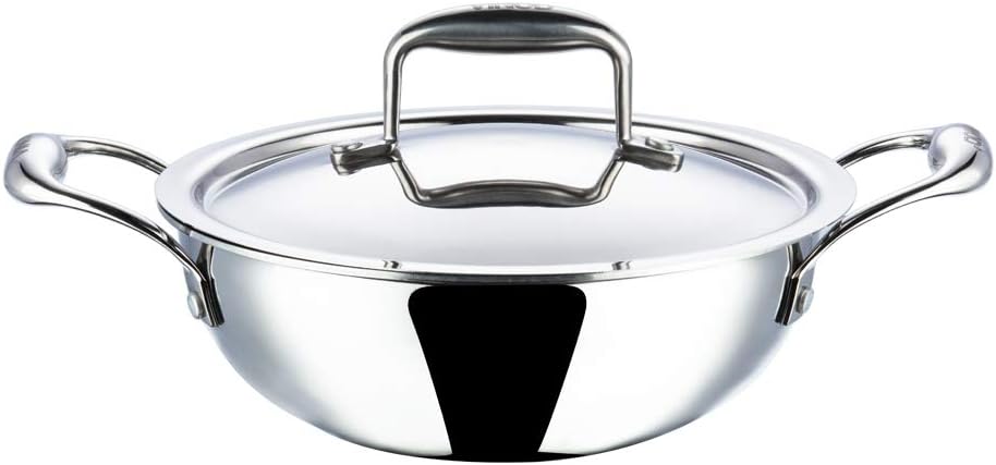 Vinod Platinum Triply Stainless Steel Extra Deep Kadai W Lid-18cm 1.2Ltrs