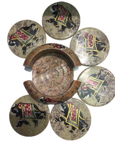 Ceramic Drink Coaster Set in Traditional Design - 6 Pcs & Stand