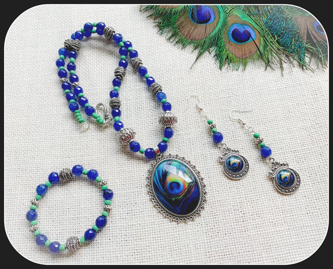 Blue Peacock pendant, earrrings plus stretchable bracelet!!!