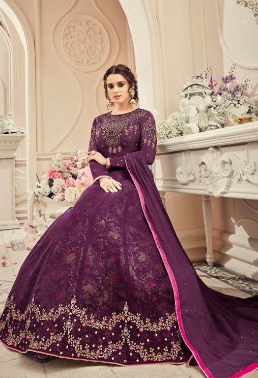Bollywood Style Embroidered Purple Anarkali Suit (Semi Stitched)