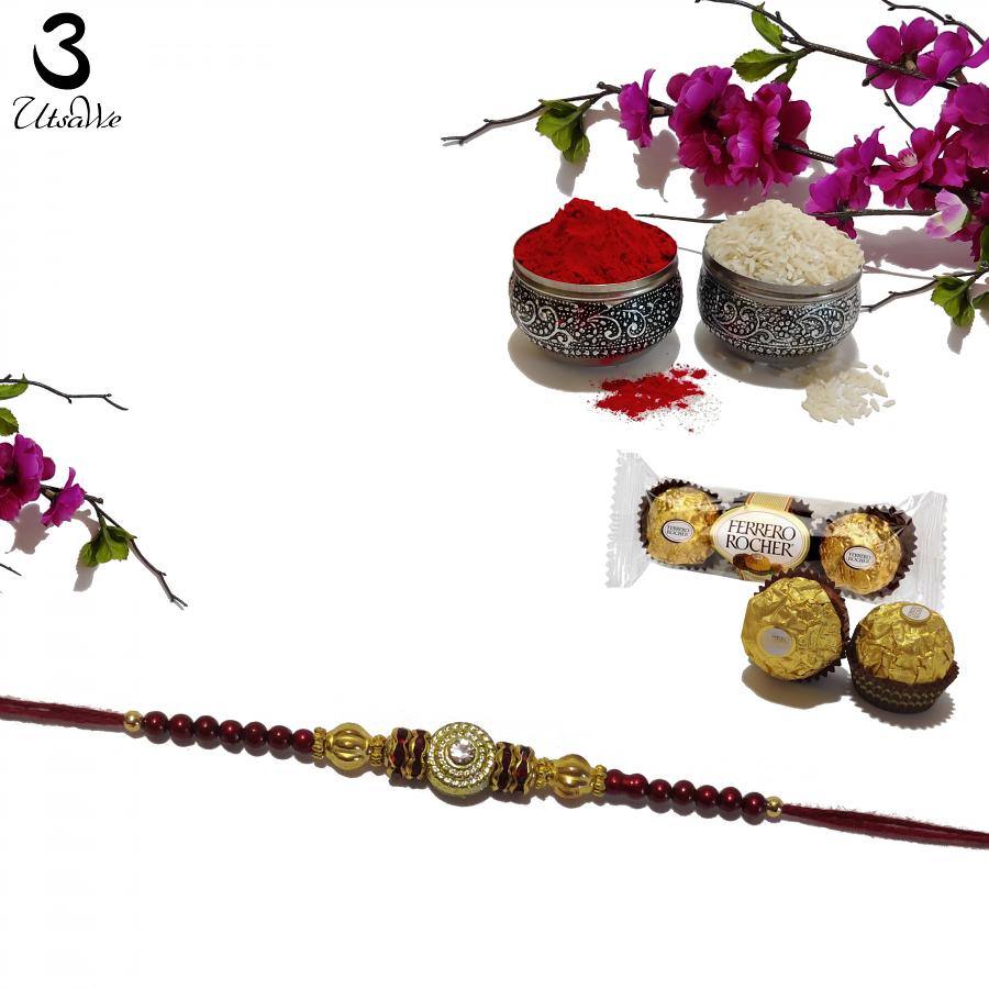 Traditional RAKHI for Brother Designed w/ Brown Colored Stones & Beads Traditional RAKHI for Brother Designed w/ Brown Colored Stones & Beads