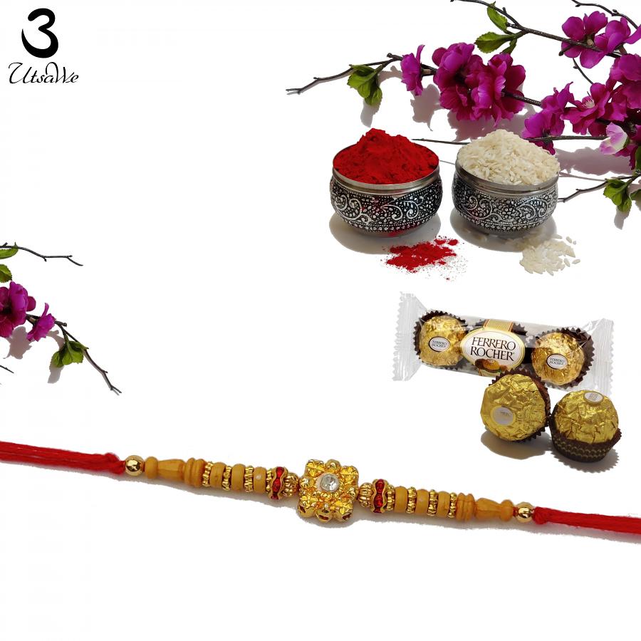 RAKHI Designed in Gold With Beautiful Light Brown Beads W/ Roli & Chaval