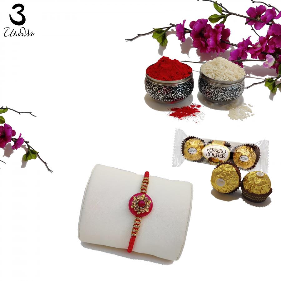 Classy RAKHI W/ an Embedded Ruby Like Stone W/ Red beads + Roli ...