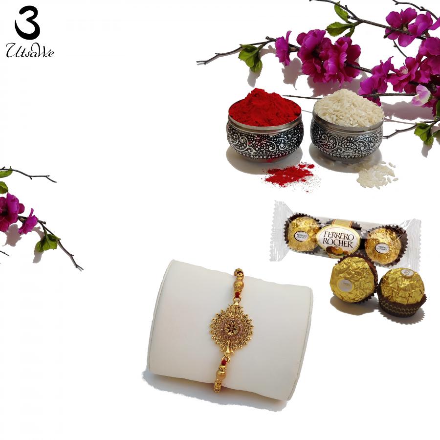 Traditional Gold RAKHI with Beads and Handcrafted Ornaments + Roli & Chaval