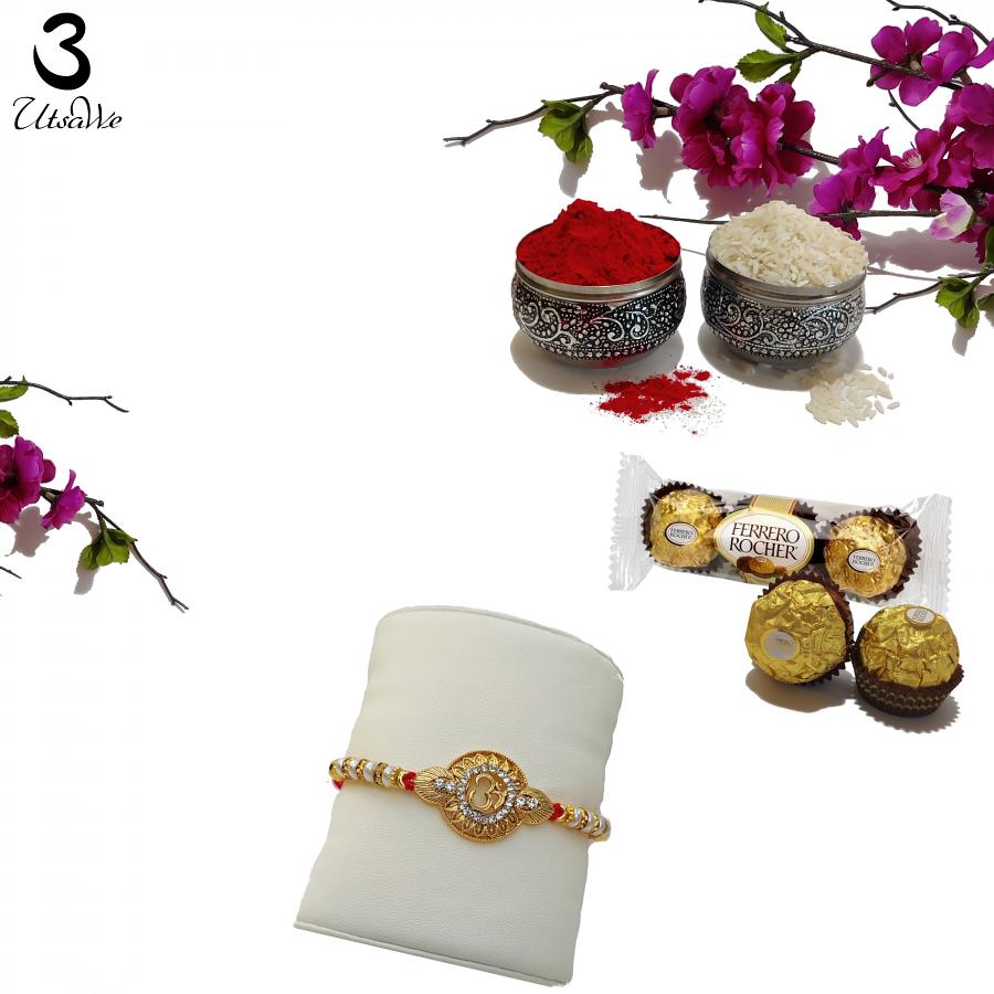 Lustrous Diamond W/ Gold Rajasthani Om Pendants Rakhi + Roli & Chaval