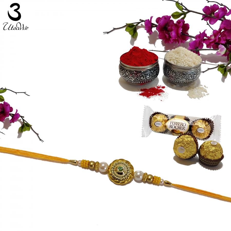 Elegant Golden Rakhi W/ Polished Pearls Surrounded by Beads + Roli & Chaval Elegant Golden Rakhi W/ Polished Pearls Surrounded by Beads + Roli & Chaval