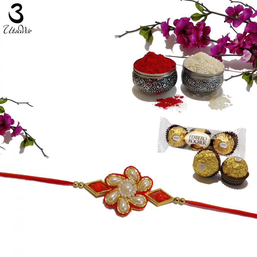 Amazing Red Flower Design Rakhi W/ Polished Pearls + Roli & Chaval Amazing Red Flower Design Rakhi W/ Polished Pearls + Roli & Chaval