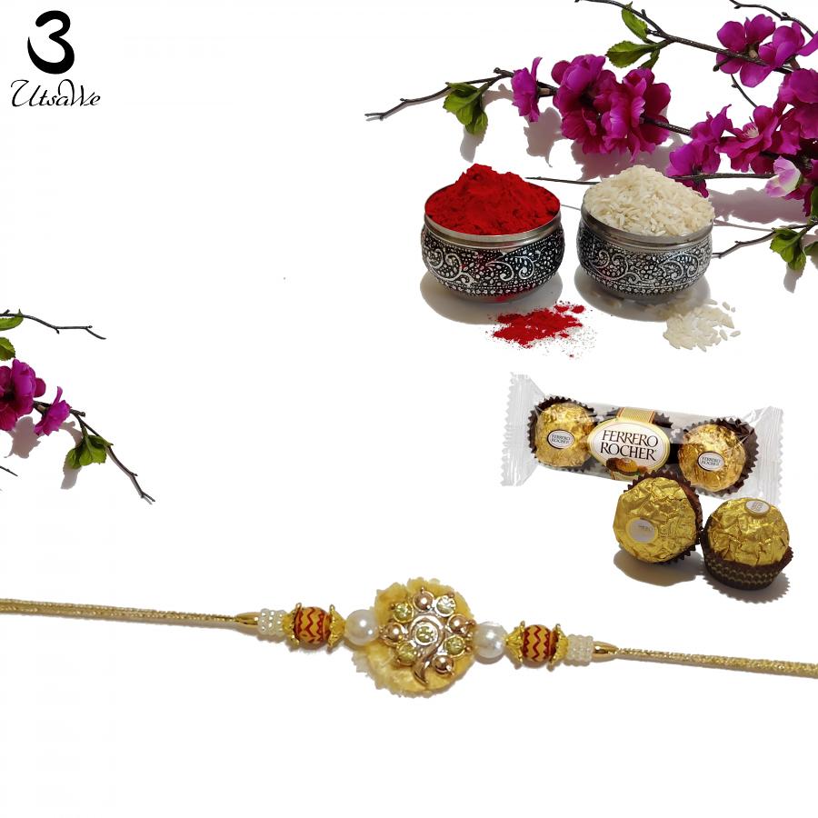 Designer Kundan Rakhi with White Pearl + Roli & Chaval Designer Kundan Rakhi with White Pearl + Roli & Chaval