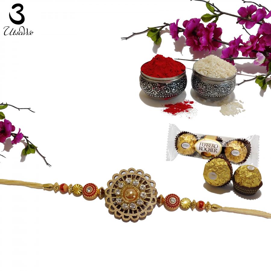 Personalized Crafted Wooden Rakhi Surrounded by Handcrafted + Roli & Chaval