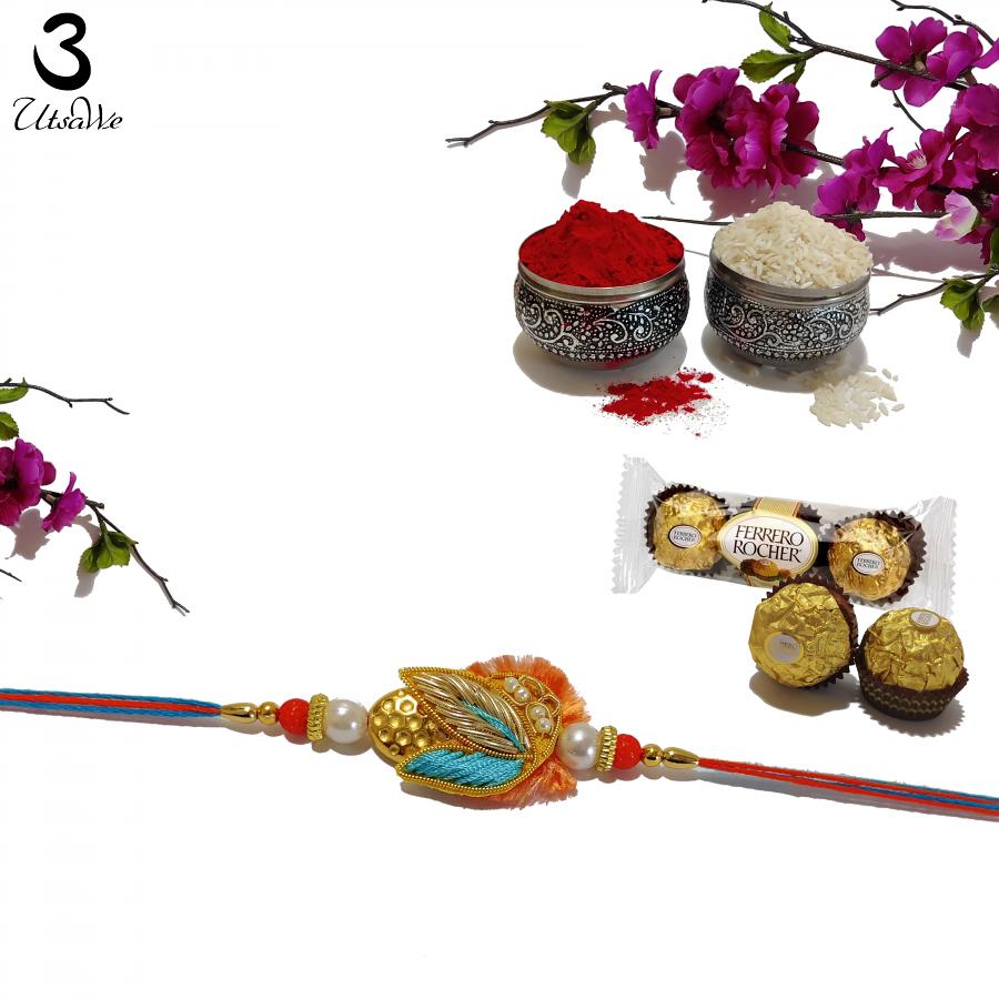 Impressive Kundan Rakhi W/ Elegant thread work + Roli & Chaval