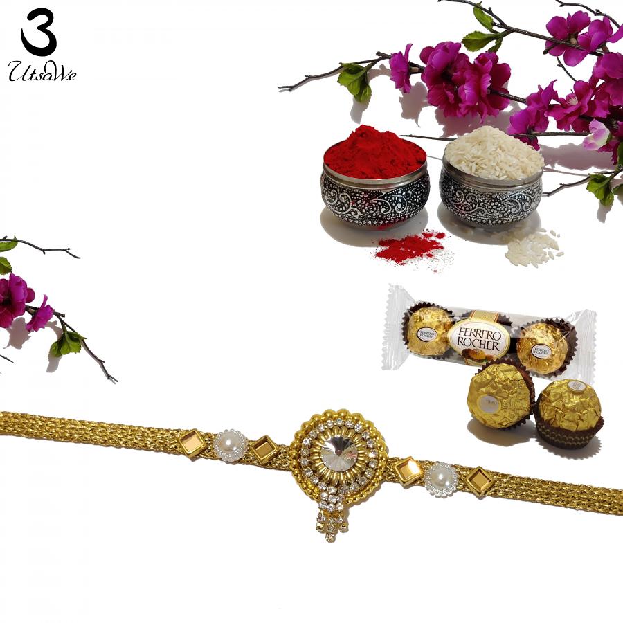 Royal Golden Kundan RAKHI Engraved W/ Diamonds+ Roli & Chaval Royal Golden Kundan RAKHI Engraved W/ Diamonds+ Roli & Chaval