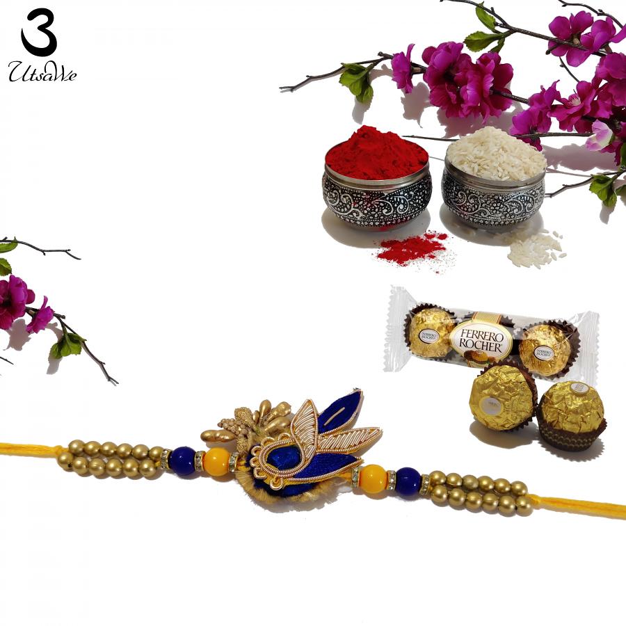 Premium Zardosi Work Rakhi with Beautiful Golden Beads + Roli & Chaval Premium Zardosi Work Rakhi with Beautiful Golden Beads + Roli & Chaval
