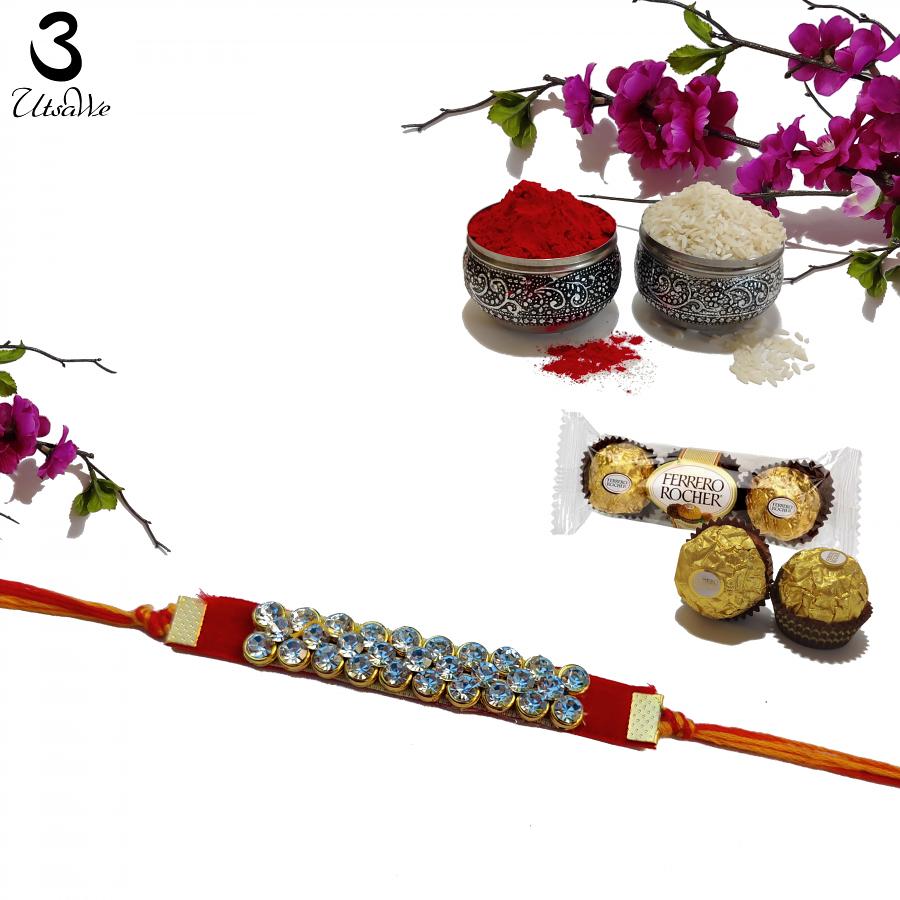 Alluring Kundan Rakhi With Sparkling Diamonds + Roli & Chaval Alluring Kundan Rakhi With Sparkling Diamonds + Roli & Chaval