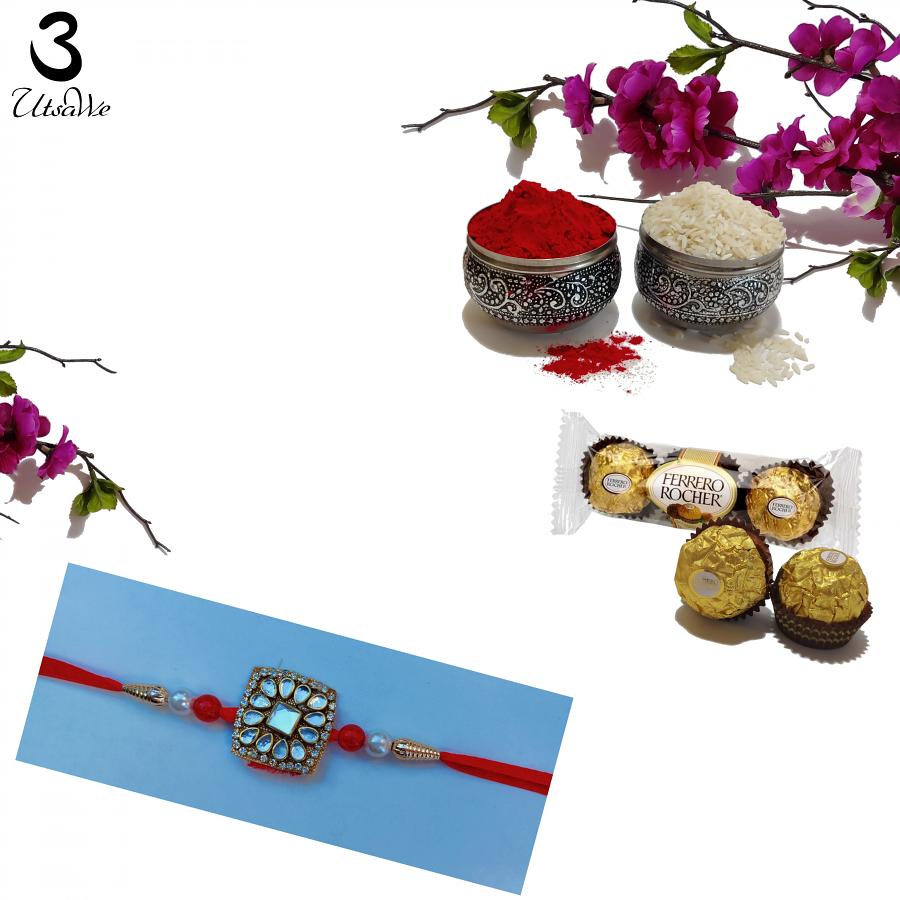 Cute Rakhi Gift Set w/ Square Kundan Rakhi + Roli & Chaval Cute Rakhi Gift Set w/ Square Kundan Rakhi + Roli & Chaval