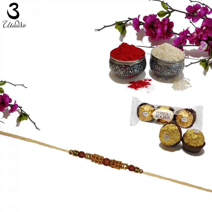 Aesthetic Rakhi with Wooden & Golden Ornaments + Roli & Chaval Aesthetic Rakhi with Wooden & Golden Ornaments + Roli & Chaval