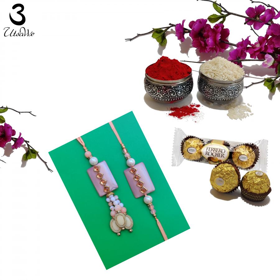 Beautiful Pink Stone Kundan Bhaiya Bhabhi Rakhi + Roli & Chaval Beautiful Pink Stone Kundan Bhaiya Bhabhi Rakhi + Roli & Chaval