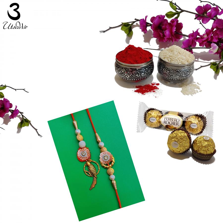 Delightful Bhaiya Bhabhi Lumba Rakhi W/ Metal Craft + Roli & Chaval