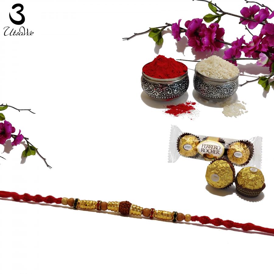 Traditional RAKHI Crafted W/ Rudraksha and Beautiful Beads + Roli & Chaval Traditional RAKHI Crafted W/ Rudraksha and Beautiful Beads + Roli & Chaval